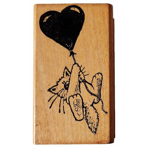 Cat With Heart Balloon Rubber Stamp By All Night Media - Picture 1 of 4